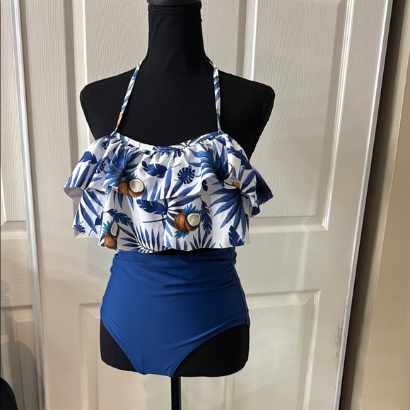 Blue and White Leaf Print Bikini Set - Picture 1 of 6